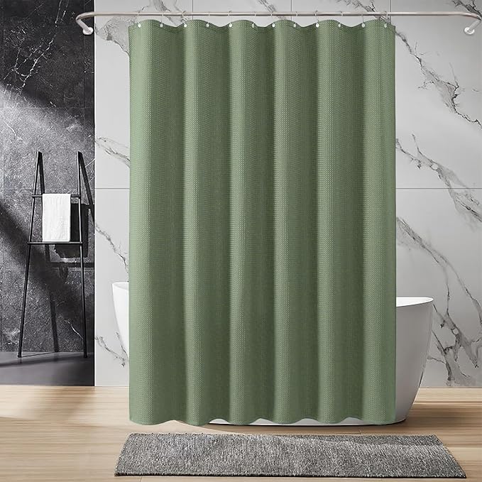 Inhousolu Fabric Shower Curtain Waffle Weave, Sage Green 230 GSM Heavy Duty, Weighted Hem, 14 Metal Hooks, Water Repellent, Machine Washable, Hotel Spa Luxury Bath Curtain Set, 72 x 96 Inch