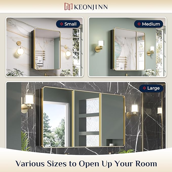 Keonjinn Gold Bathroom Medicine Cabinet with Mirror 16 x 24 Inch, Small Brushed Brass Medicine Cabinet, Stainless Steel Framed, Adjustable Shelves, Rounded Rectangular, Recessed or Surface Mount