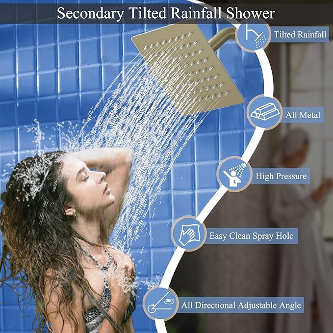 Shower Faucet Set Brushed Gold Shower System, Knob Switch Diverter Shower Faucet with High Pressure Handheld Spray, Wall Mount 12 Inch Shower Head with 6 Inch Wall Mount Shower Head
