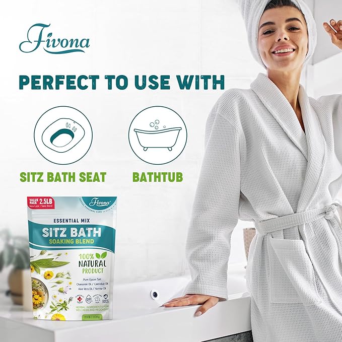 Hemorrhoid Treatment 40oz, Fivona Sitz Bath Salts, Postpartum Soaking Blend Epsom Salt with All Natural Oils for Self Care, Bartholin Cyst Treatment, Large Value Pack