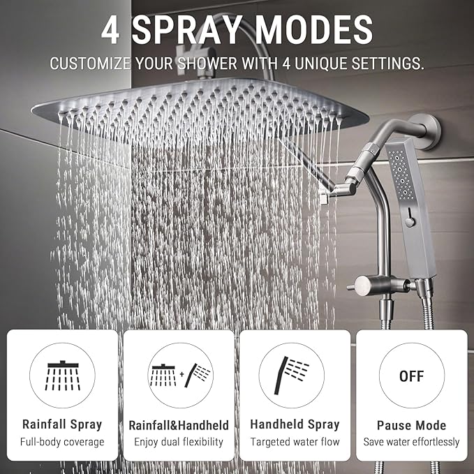 G-Promise 14 Inches Shower Faucet Sets Complete, All Metal Rainfall Shower Head and Handle Set, Extended Downward Diverter, Extension Arm and Pressure Balance Rough-in Valve Included