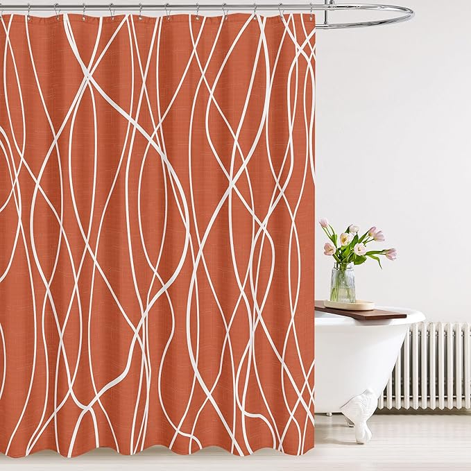 Tititex Morden 140gms Faux Linen Fabric Bath Shower Curtain Set Textured Fabric with Caramel White Curve Pattern 72x72 Inch Water Resistant Bathroom Curtains, Weighted Hem & Hooksfor Hotel/Home