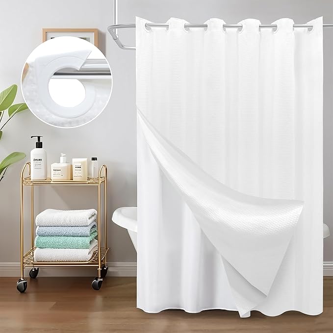 Inhousolu No Hook Waffle Weave Shower Curtain with Removable Snap in Fabric Liner Set for Bathroom, 230 GSM Heavy Duty Weighted Hem, Water Repellent Washable Bath Curtains, 72 x 84 Inch, White