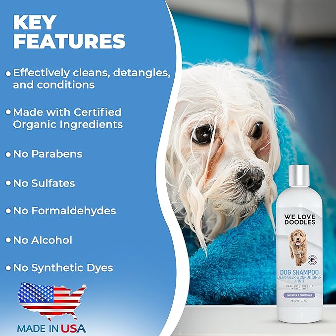 We Love Doodles 2 PACK Pet Rubber Bath Brush and Dog Shampoo (Bundle) - for Shower Scrubbing & Soothing Massage and Organic Dog Shampoo, Conditioner & Detangler - Made in The USA