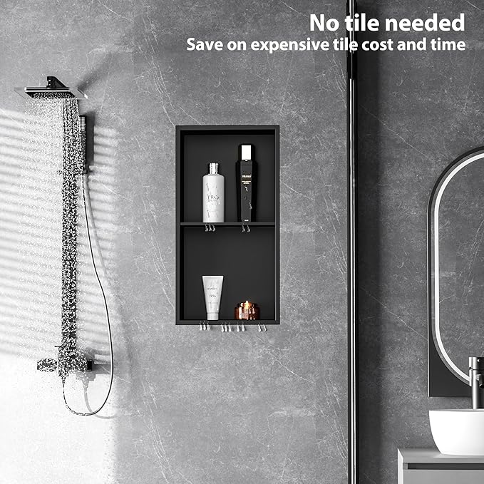 Stainless Steel Shower Niche 24" X 12", No Tile Needed Wall Niche Double Shelves, Recessed Shower Shelf for Bathroom Storage, Matte Black