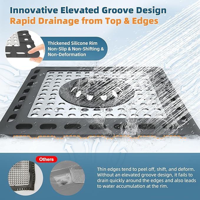 Hibbent 2 Pack Upgraded Shower Drain Hair Catcher, Shower Drain Cover for Bathroom Floor 4" Drain, Anti-Clogging Bathtub Drain Strainer, Stainless Steel Kitchen Sink Drain Strainer with Handle, Black