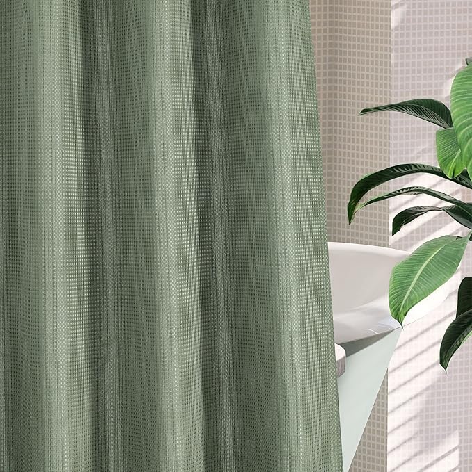 MitoVilla No Hooks Required Sage Green Waffle Shower Curtain Liner Set, Modern Heavyweight Fabric Shower Curtain Set with Snap-in Liner for Hotel Grade Spa-Like Bathroom Decor, 72 x 74