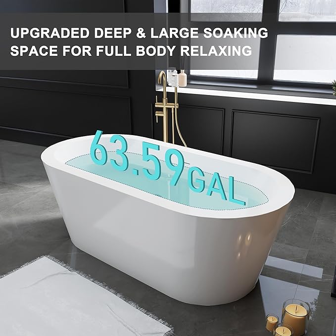 67" Acrylic Freestanding Bathtubs, Stand Alone Tub, Soaking Tubs for Bathroom, Integrated Overflow and Drain, cUPC Certified, Gloss White