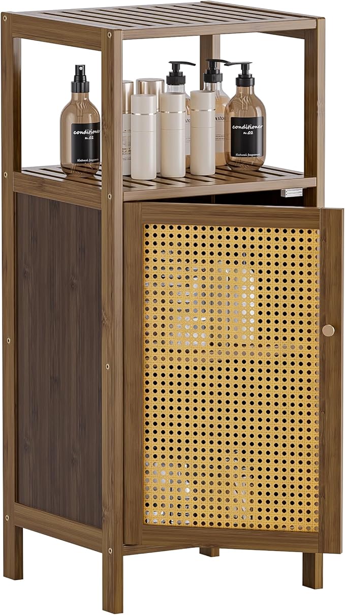 HITNET Rattan Bathroom Floor Cabinet, Bamboo Storage Cupboard with Single Door, Freestanding Small Living Room Sideboard, Space Saving Entryway Storage Unit, Walnut