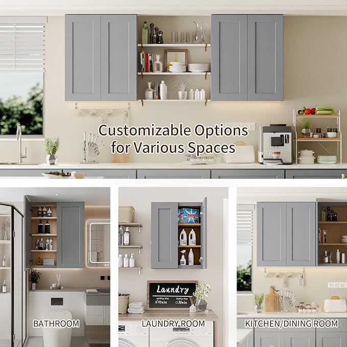 27 Inch Medicine Cabinet Wall Mounted, Solid Wood Over The Toilet Storage Cabinet, Bathroom Organizer Cabinets with 2 Door & 3 Shelves, Easy to Assemble for Laundry Room, Kitchen, Garage - Dark Gray
