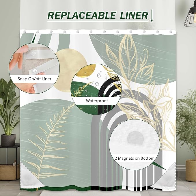 Olive Green Bohemian See Through Mesh Top Shower Curtain with Window, Emerald Green Mid Century Modern Double Layer Shower Curtains with Snap in Liner, Waterproof Fabric with Hooks, 71x 72 in