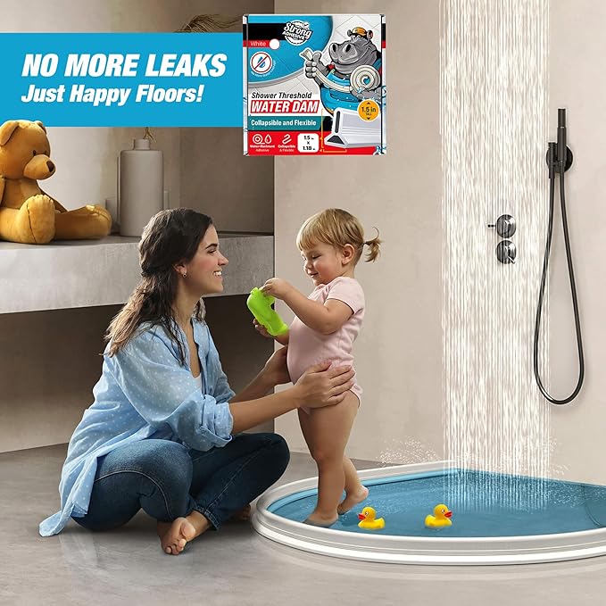 Shower Threshold Water Dam Barrier 98" - White Collapsible Shower Water Blocker - Shower Guard for Walk in Shower - Water Guard Stopper for Floor - Shower Dam - 1.5" Tall - By Hippo Dam