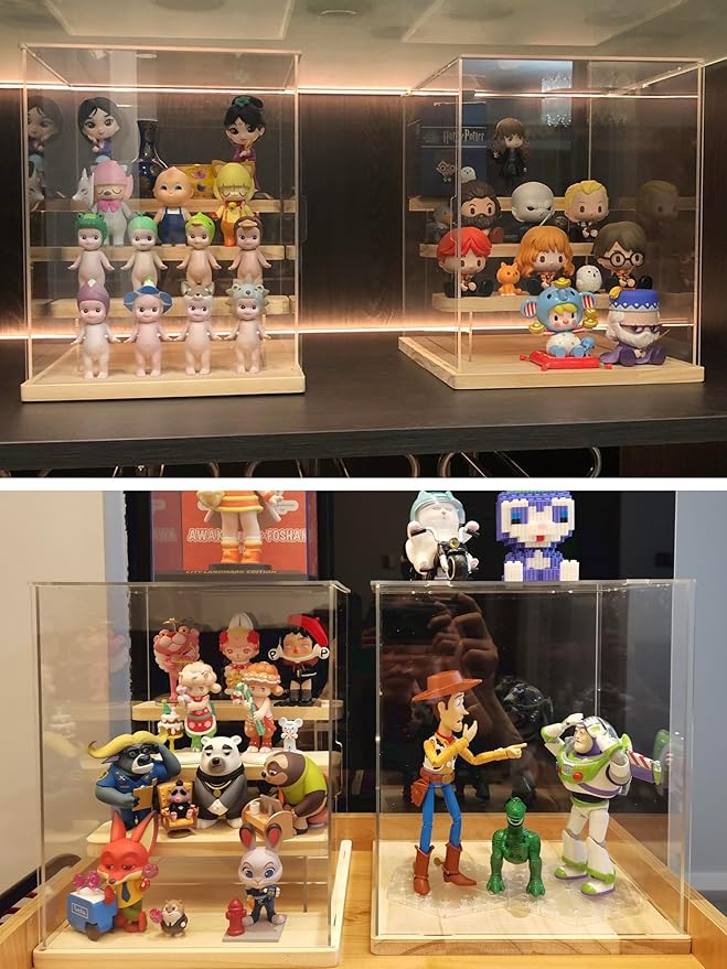 Choowin 4 Tier Small Clear Acrylic Display Case for Collectibles, Mini Figures, Pop Mart, Labubu, Sonny Angel, Smiski - Assemble Dustproof Acrylic Display Box with Door, Stand (White Base Step)