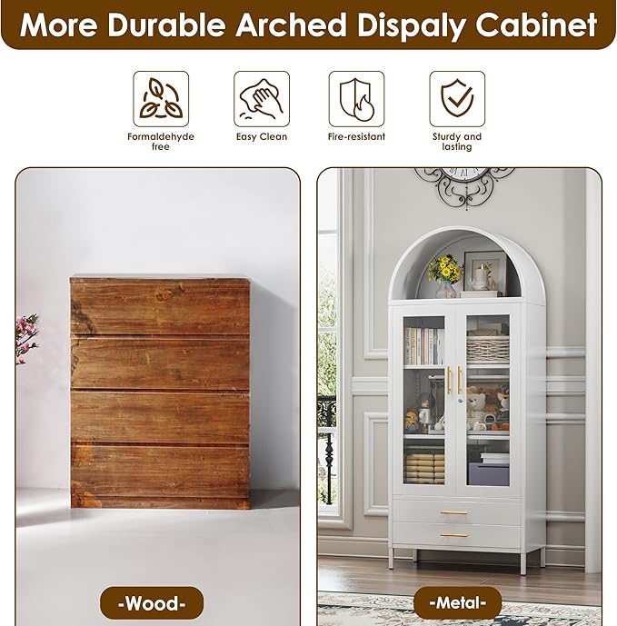 73''H Arched Kitchen Pantry Cabinets with 2 Drawers, Metal Arch Bookcase with Glass Door for Home Office, Assemble Require, White