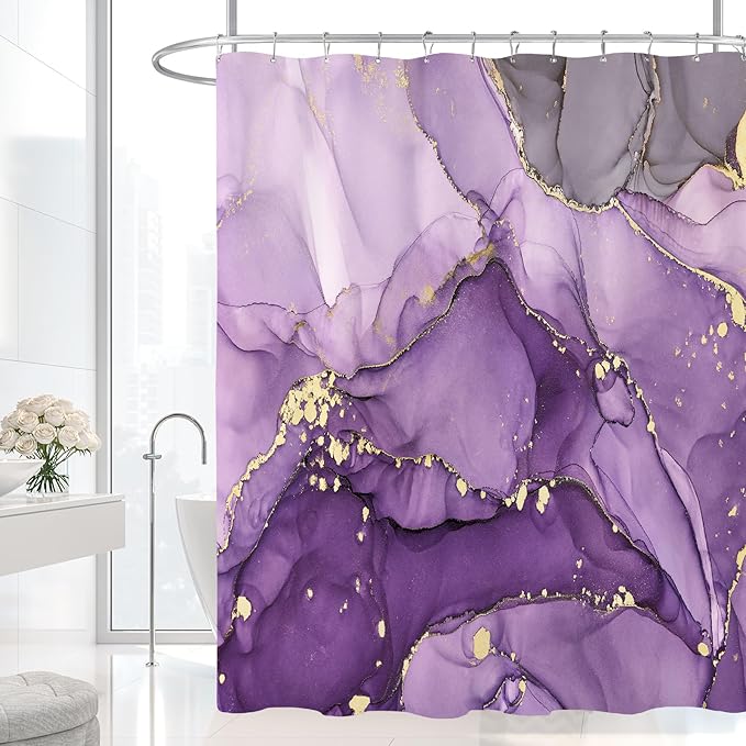 Small Stall Marble Shower Curtain 36 x 72 Inch, Half Narrow Abstract Modern Shower Curtains for Bathroom, Luxury Art Ink Texture Fabric Shower Curtain Set with Hooks, Purple