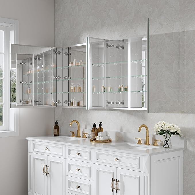 WELLFOR 72" x 30" Rectangle Medicine Cabinet Mirror, Surface Mount or Recessed Medicine Cabinet with Tempered Mirror, Anodized Chrome Aluminum Frame, Bathroom Mirror with Storage