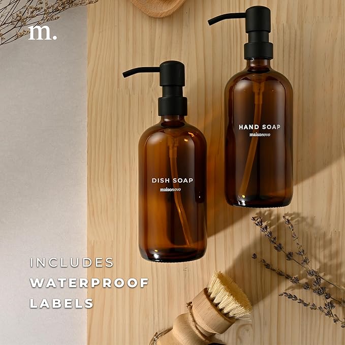 MaisoNovo Soap Dispenser 2-Piece Set | 16.9oz Amber Bottles with Black Stainless Steel Pumps