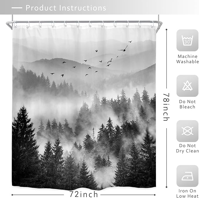Riyidecor Extra Long Black and White Shower Curtain 72Wx78H Inch Foggy Scene Alpine Tree Misty Mountain View Pine Wood Nature Natural Botanical Bathroom Decor Fabric Polyester Waterproof 12 Pack Hooks