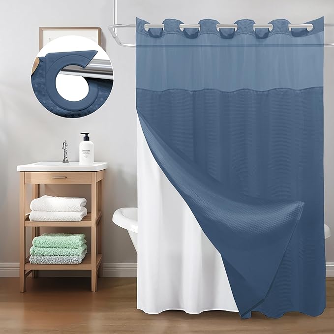 Inhousolu No Hook Shower Curtain with Snap in Fabric Liner Set Waffle Weave 230GSM Weighted Hem, Waterproof & Washable Bathroom Curtain Spa Luxury with Mesh Top Window 72" W x 72" L Moonlight Blue