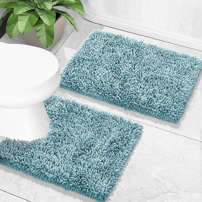 Yimobra Toilet Rugs U Shaped Washable, Extra Thick Soft Absorbent Chenille Contour Bathroom Rugs for Toilet 24x20 Inch, Quick Dry Non Slip Toilet Mat for Bath Floor, Greyish Blue