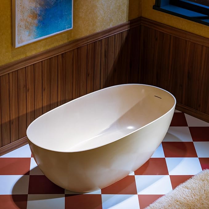 WOODBRIDGE 69" L x 32" W Stone Resin Luxury Contemporary Solid Surface Freestanding Soaking Bathtub in Cream with 2-Drain Covers Included
