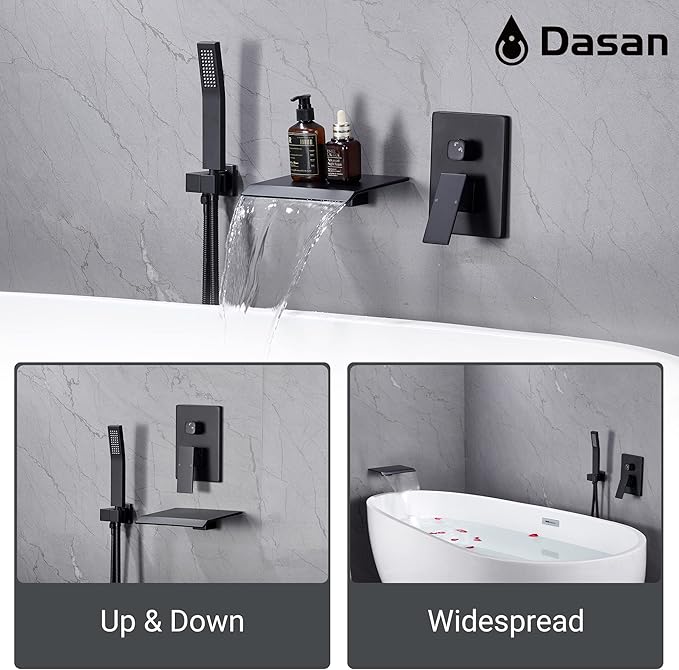 Upgraded Wall Mount Tub Filler Faucet with Handheld Shower, DASAN Modern Wall Mounted Bathtub Faucet Matte Black High Flow Waterfall Tub Faucet with Rough in Valve, SA-TF04WH-MB