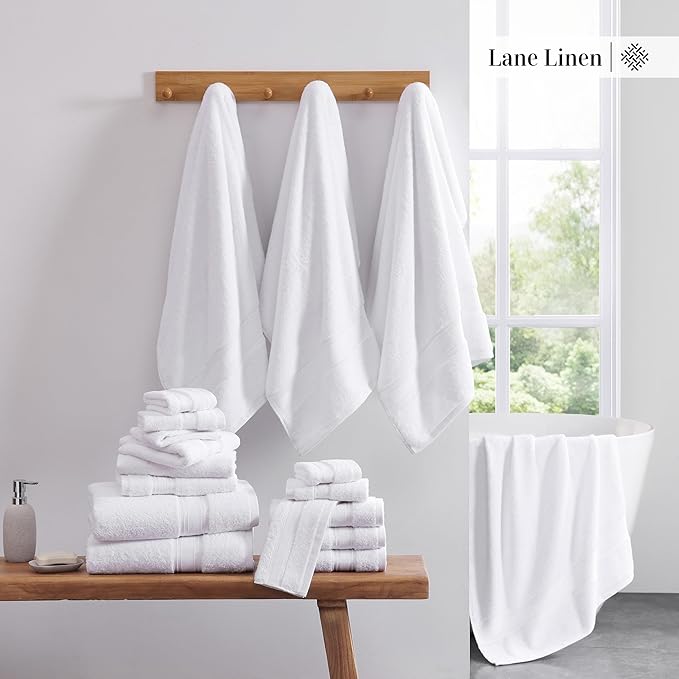 LANE LINEN Towel Set of 6 – 100% Mercerized Cotton, Zero Twist, 2 Large Bath Towel, 2 Hand Towels & 2 Wash Cloths, Quick Dry & Long-Lasting, Perfect for Family Bathrooms, Easy Care – White Towels