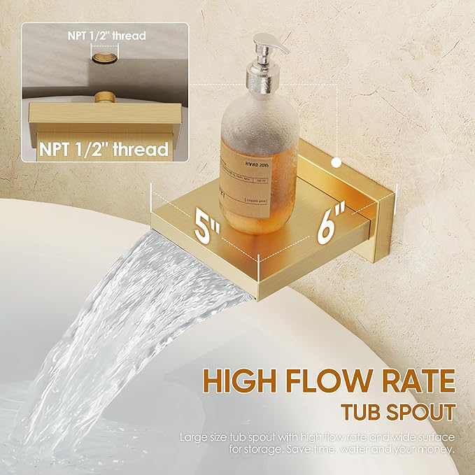 Gold Tub Shower System, All Metal Tub Shower Faucet Set with 12" Rain Shower Head and Handheld Spray combo, Wall Mounted Shower Systems with Tub Spout, Valve and Trim Kit, Brushed Gold