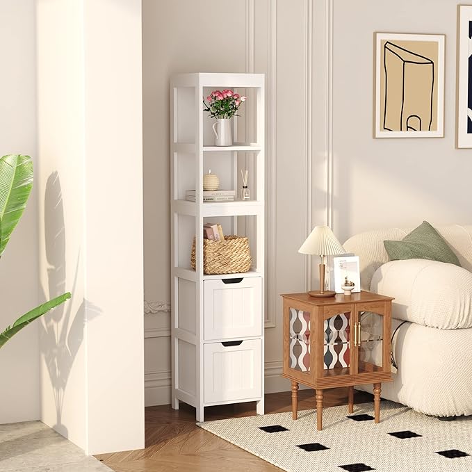 HOMEFORT Bathroom Storage Cabinet, Slim Tall Cabinet, Narrow Floor Cabinet Organizer, Wooden Linen Tower with 2 Drawers and 3 Shelves, Freestanding Cupboard White