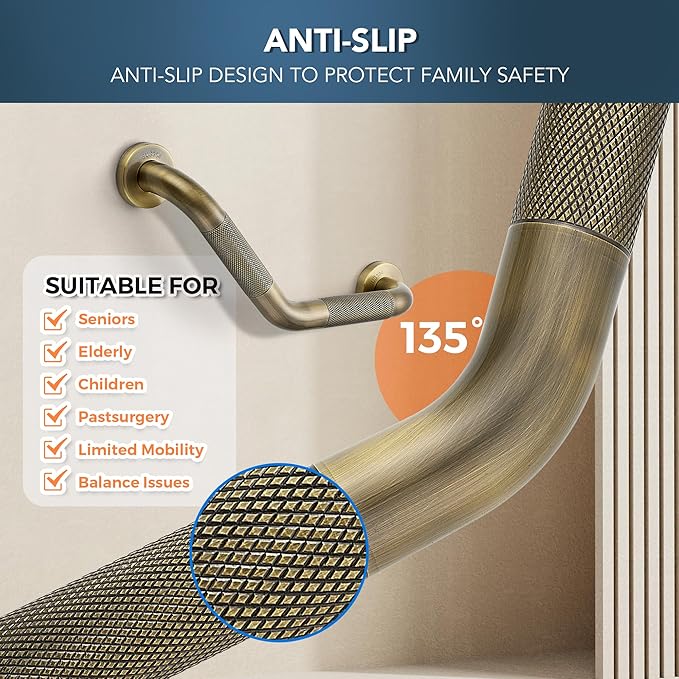 Grab Bars for Bathtubs and Showers- 1-1/4 x 16 Angled Shower Grab Bar for Seniors Knurled Stainless Steel Handicap Grab Bars for Wall (Antique Bronze, 1 Pack)