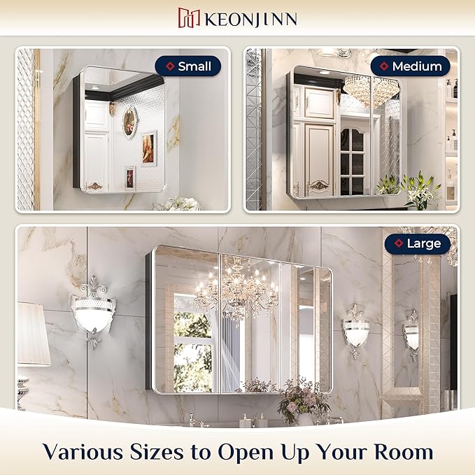 Keonjinn 24 x 32 Inch Chrome Recessed Medicine Cabinets, Bathroom Mirrored Medicine Cabinet, Silver Stainless Steel Framed, Adjustable Shelves, in Wall or Surface Mount, Sturdy & Heavy, Farmhouse