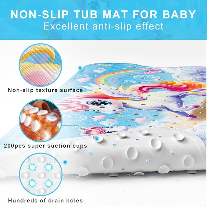 Upgrade Cartoon Baby Bath Mat Non Slip - 40"x16" Extra Long Bathtub Mat for Baby Eco Friendly Durable Bath Mat for Tub Non Slip Kids Tub Mat with Suction Cups, Machine Washable and No Fading, Unicorn