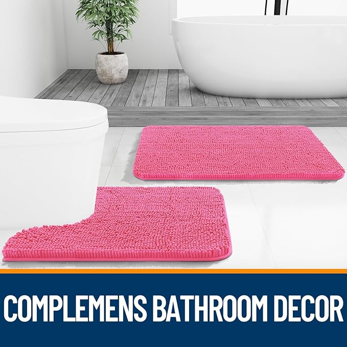 OLANLY Bathroom Rugs Sets 2 Piece, Soft Absorbent Chenille Bath Mats and U-Shaped Contour Toilet Mat Area Rug Set, Machine Washable Bath Carpet, Home Decor Accessories(24"x16"+24"x20", Hot Pink)