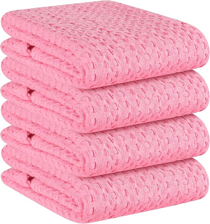 Native Fab 100% Cotton Premium Waffle Kitchen Towels, 4 Pack, 16" x 26", Super Absorbent Reusable Cleaning Cloths, Tea Towels, Machine Washable Hand Towels, Pink
