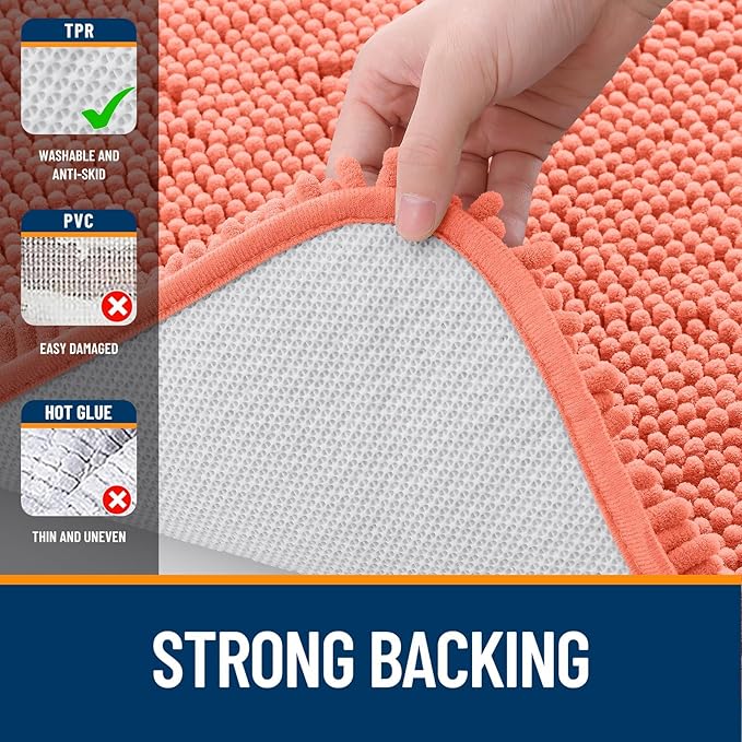 OLANLY Bathroom Rugs Sets 2 Piece, Soft Absorbent Chenille Bath Mats and U-Shaped Contour Toilet Mat Area Rug Set, Machine Washable Bath Carpet, Home Decor Accessories(30"x20"+24"x20", Coral)