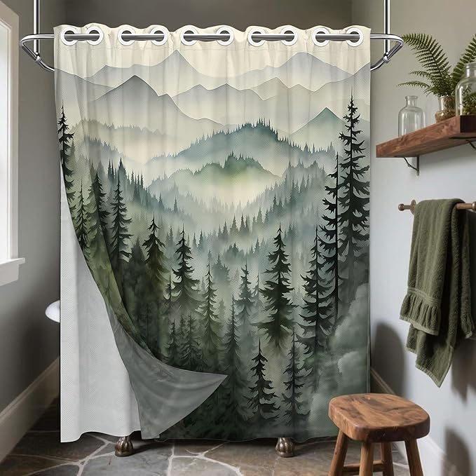 Forest Hookless Shower Curtain with Snap in Liner Set, Nature Mountain No Hook Shower Curtains for Bathroom, Double Layer Ringless, Liner with Magnets, Waterproof Cloth Fabric, 71" W x 74" L