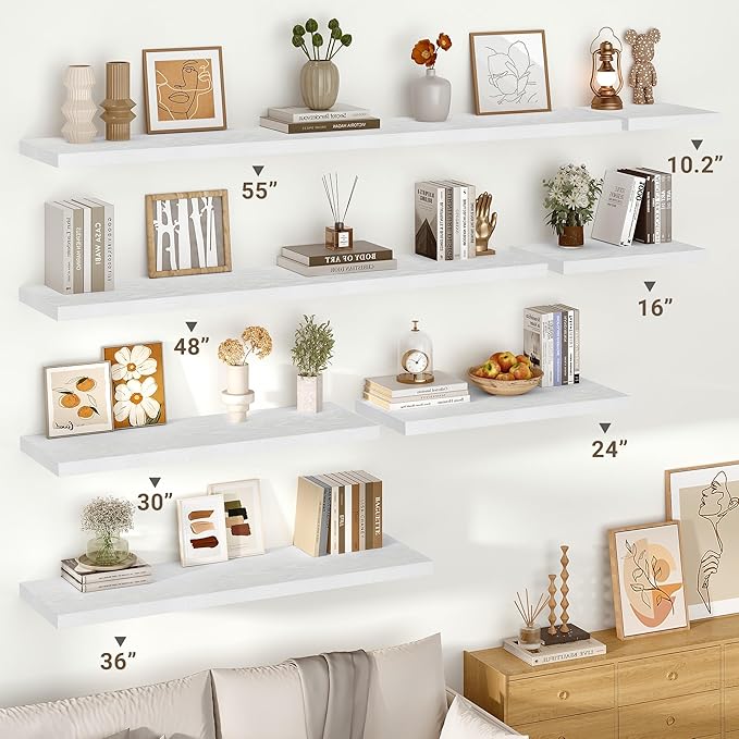 Vivelove 10 in Deep Floating Shelves for Wall, 55" x 10.2" x 1.5" Shelves for Room Wall Mounted, 1.5 Inch Thick Shelf for Bathroom Bedroom Kitchen Book Room, Modern Farmhouse Decor, Set of 2, White