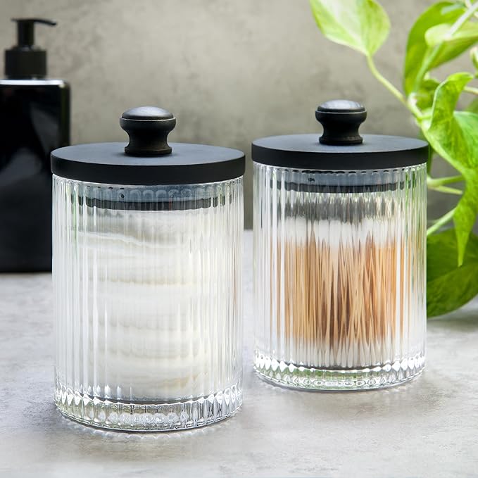 Mason & Fable Ribbed Glass Bathroom Jars | Set of 2 Farmhouse Style Storage Canister with Airtight Black Wooden Lids | Cotton Pad/Swab/Q tip Holder/Bath Salt/Clear Vanity