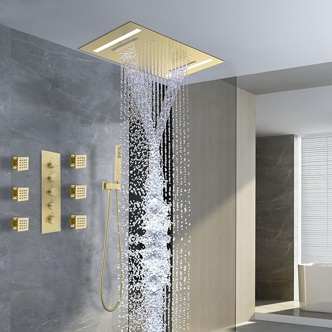 Multi Full Body Thermostatic Luxury Spa Shower System And 14x20 Inch LED 4 Functions Faucet Set, Rainfall Spray Waterfall Can Be Turned On Simultaneously,Brushed Gold