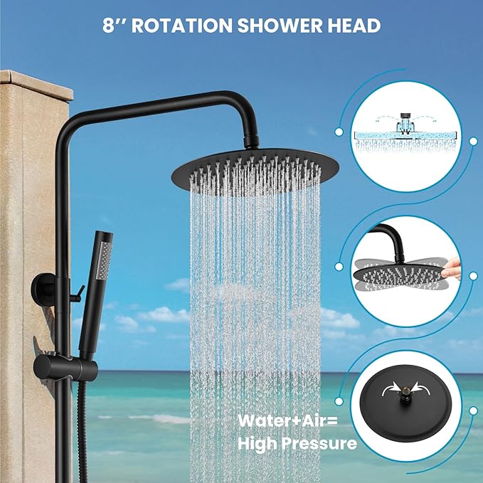 gotonovo Outdoor Shower Fixtures SUS304 Stainless Steel Rain Shower Kit Faucet High Pressure Wall Mount 2 Dual Function 8 Inch Showerhead and Handheld Spray Combo, Single Handle, Matte Black