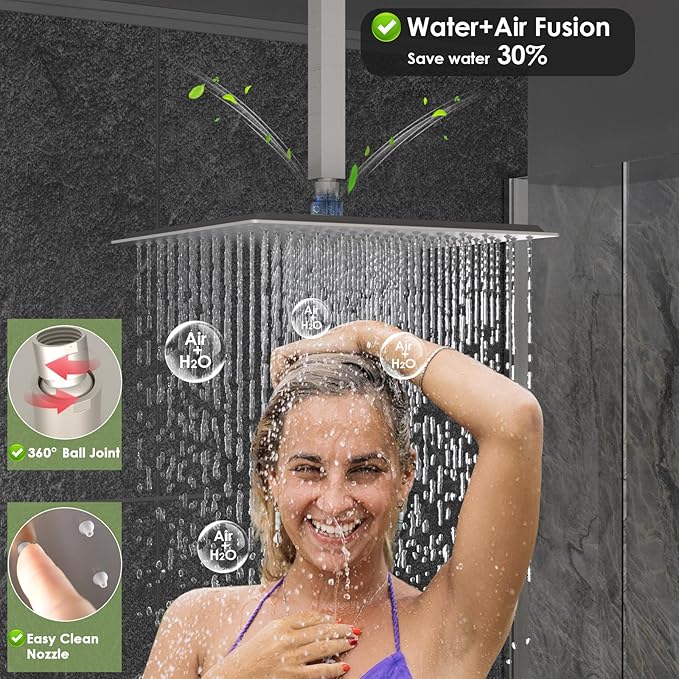 ENGA Dual Shower Head System with Tub Spout, Ceiling Mount 12 Inch Shower Head with 6 Inch Wall Mount Shower Head Shower Faucet Set, Brushed Nickel