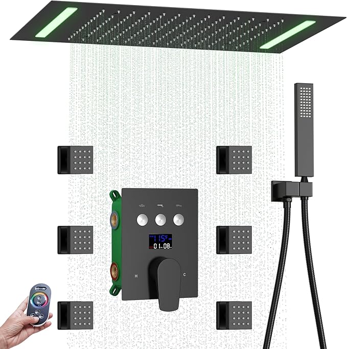Bathroom shower system Ceiling 14x20 inch shower head, spray with handle, 6 PCS Body Jet and Handheld, temperature display shower faucet set (Matte Black)