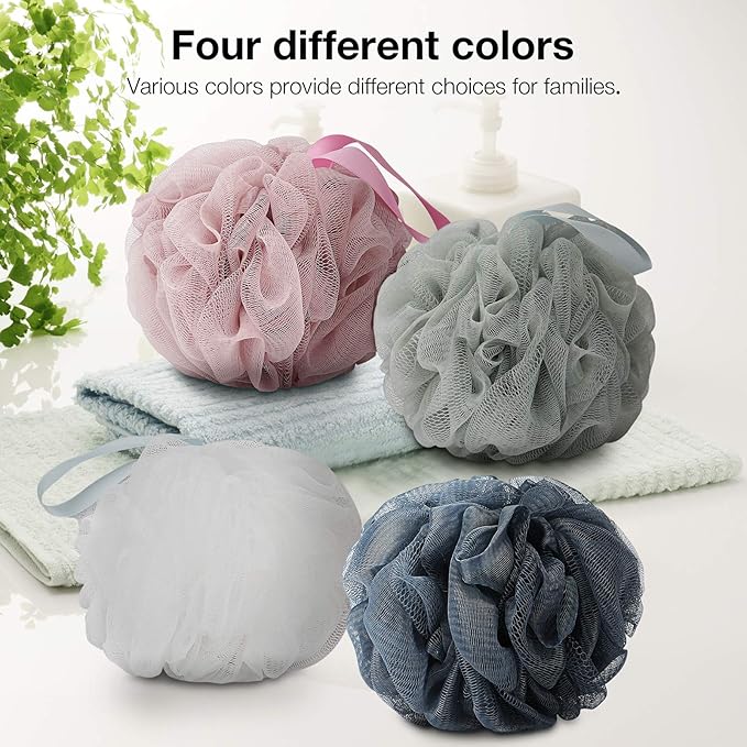 Bath Shower Loofah Sponge 60g Bath Mesh Pouf Shower Ball Body Scrubber Exfoliating Bath Sponge for Women and Men, Set of 4, Drak Grey-Pink-Grey-White