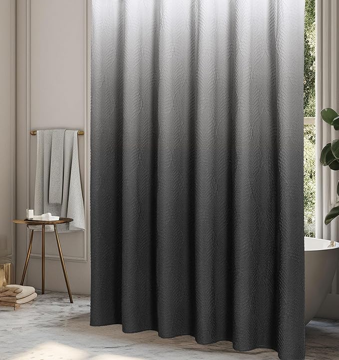 Gibelle Ombre Black Shower Curtain for Bathroom, 3D Embossed Textured Fabric Shower Curtain, Modern Farmhouse Chic Soft Cloth Shower Curtain Set with Hooks, 72x72