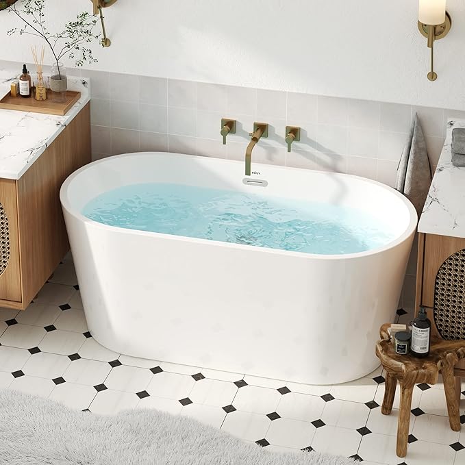 FerdY Luzon 55" Acrylic Freestanding Bathtub, Classic Oval Shape Soaking Bathtub with Toe-Tap Chrome Drain and Classic Slotted Overflow Included, Modern White, cUPC Certified