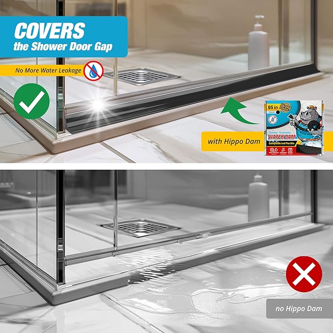 Shower Threshold Water Dam Barrier 65" - Black Collapsible Shower Water Blocker - Guard for Walk in Shower - Water Guard Stopper for Floor - Shower Door Water Blocker by Hippo Dam
