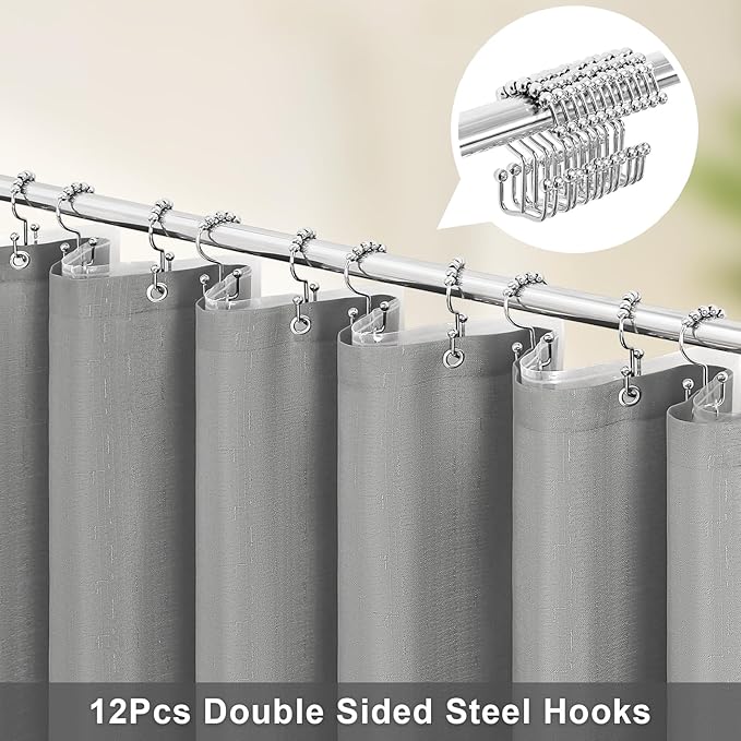 MitoVilla 3 in 1 Shower Curtain Set, Grey Boho Farmhouse Linen Textured Bath Curtain and Clear PEVA Liner Set with 12 Double Sided Steel Hooks, Waterproof Fabric Hotel Bathroom Curtain - 72x72