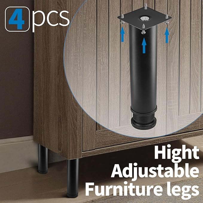 6 Inch Metal Furniture Legs Stainless Steel Adjustable Legs Black Metal Legs Round Cabinet Legs for Coffee Table Cabinet Desk Sofa Shelves, Pack of 4
