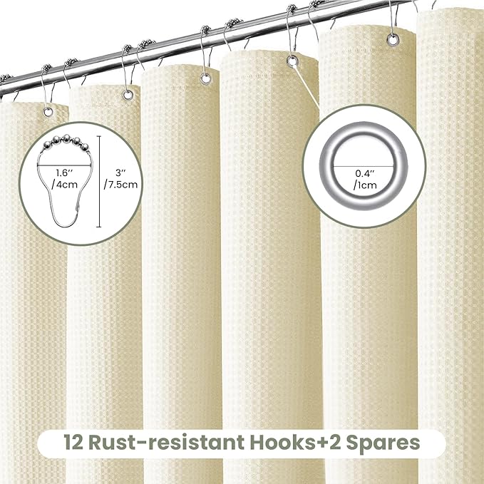 Inhousolu Fabric Shower Curtain Waffle Weave, 230 GSM Heavy Duty, Weighted Hem, 14 Metal Hooks, Water Repellent, Machine Washable, Hotel Spa Luxury Bath Curtain Set, 72 x 96 Inch, Ivory