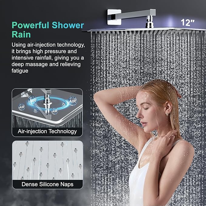 SR SUN RISE 12 Inch Slide Bar Shower System, Square Rain Shower Head and Handheld Spray, Wall Mounted Shower Faucets Sets Complete Included Valve and Shower Trim Kit, Polished Chrome